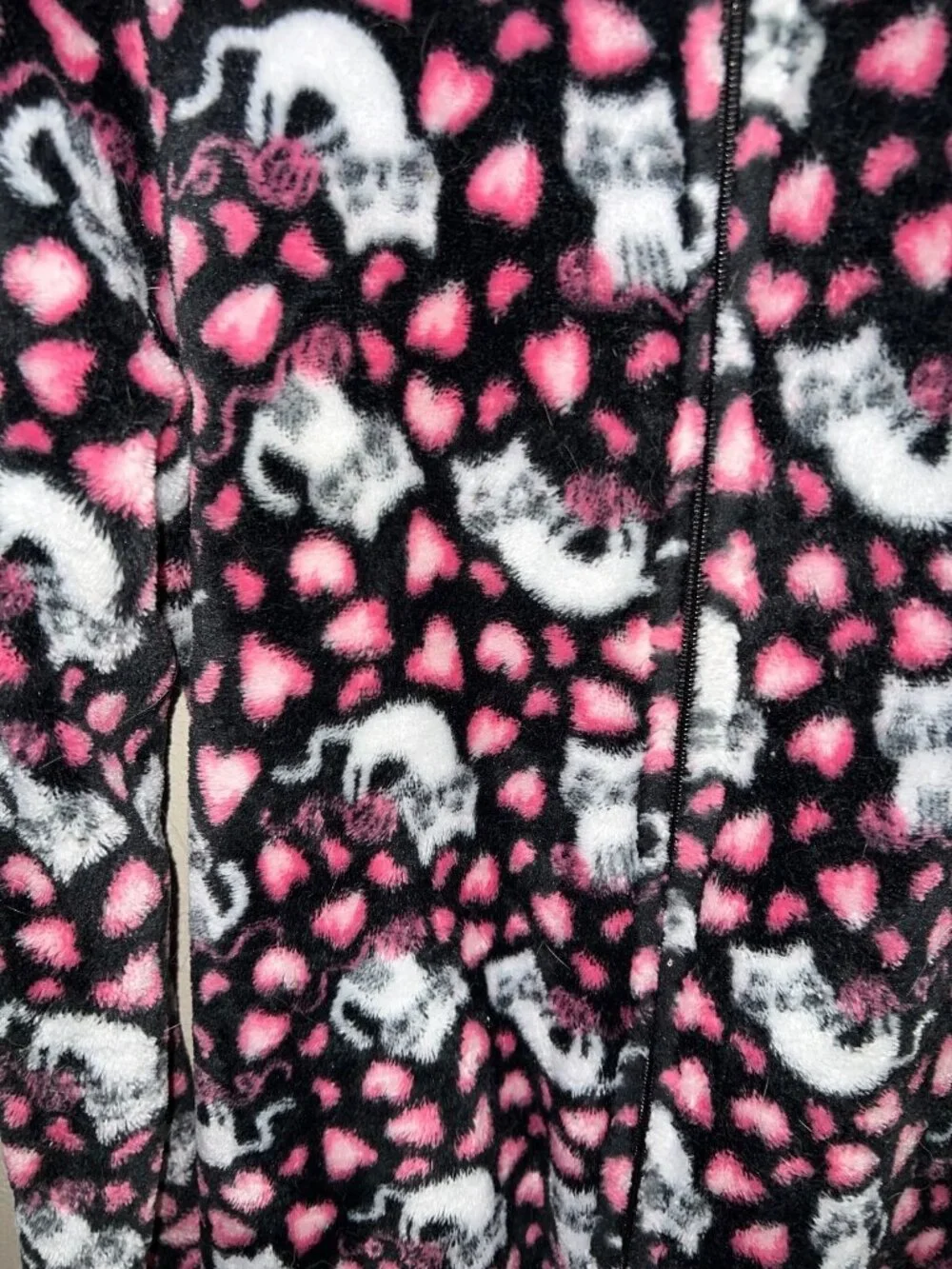 girls Rene Rofe one piece pajama sleepewear hooded full zipper catprint L 10/12